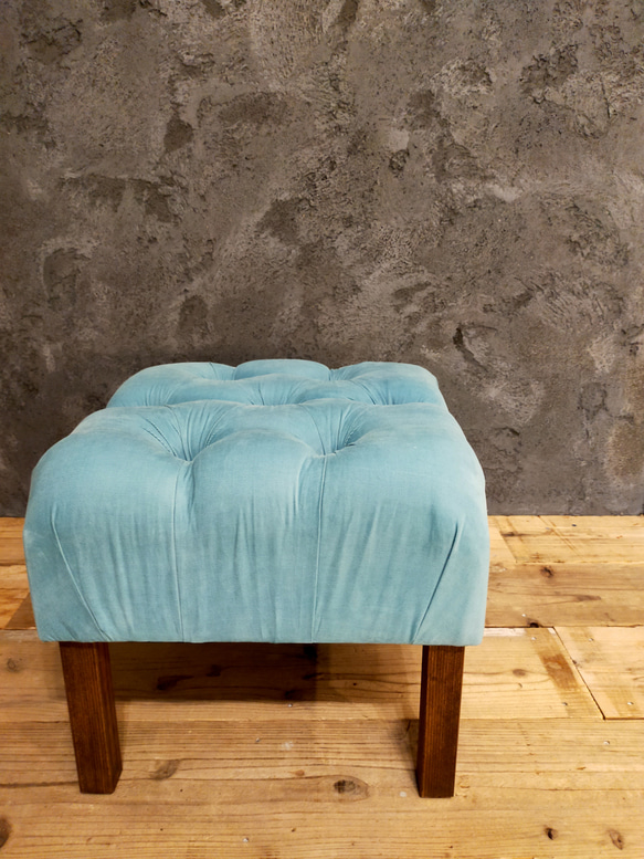 座り心地が良い柔らかクッションのオットマンスツールhandmadeブルーグリーン 13枚目の画像