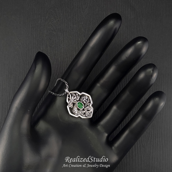 Xianglong | 立体レリーフペンダント - Jade.S925 スターリングシルバー - 唐草の花のトーテムデザイン/辰 3枚目の画像