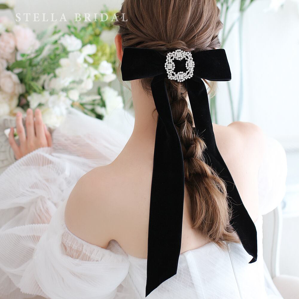 SWAROVSKIクリスタルチャームのビッグベルベットリボンヘッドドレス