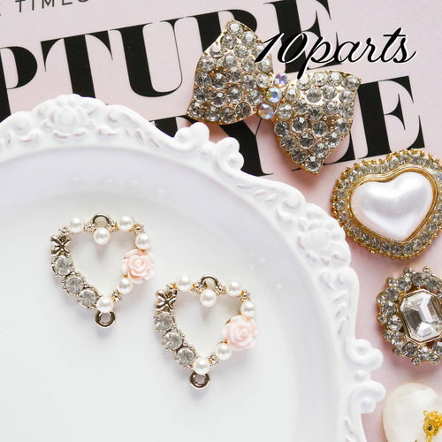 おまとめ10個》ハートローズパールストーン・メタルコネクターチャーム  