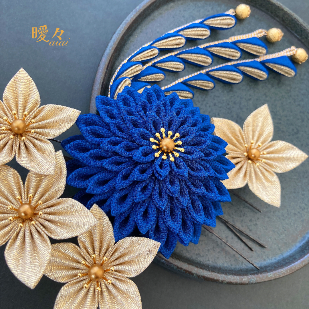 つまみ細工髪飾り　和装　着物　振袖　袴　色打掛　成人式　卒業式　結婚式　青　ゴールド 11,780円