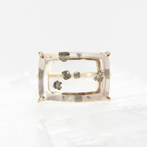 1点もの K18 マーカサイトインクォーツ リング（レクタングル）指輪