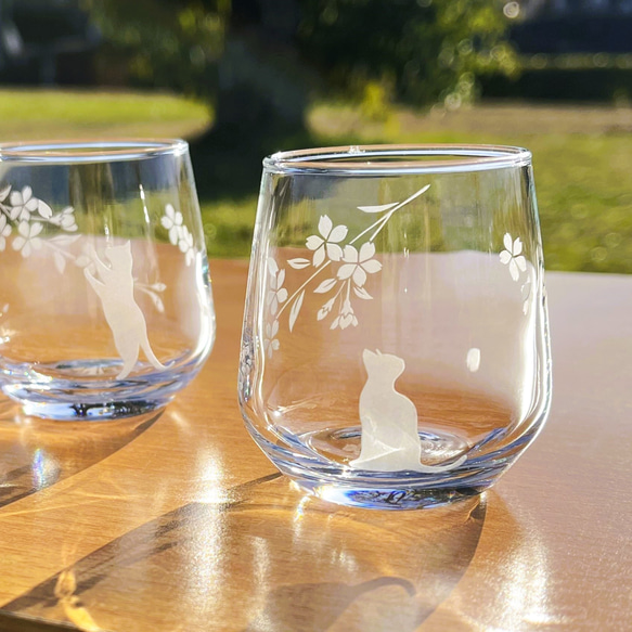 「桜咲く お花見猫の冷酒グラス」2種セット 7枚目の画像