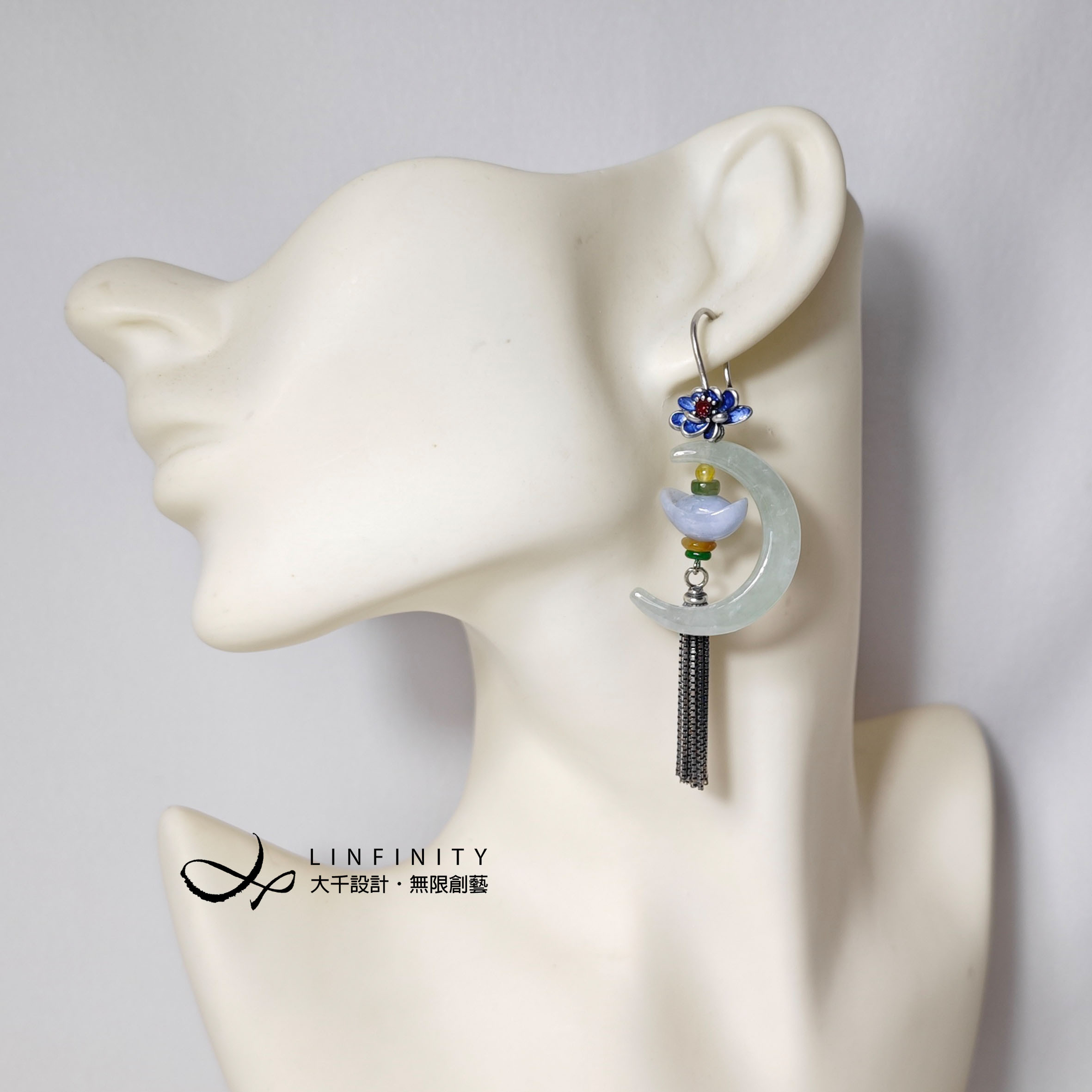 ✦❀ 新年おめでとう | 宝石 50% オフ ❀✦ 天然グレード A 翡翠ムーンインゴット タッセルイヤリング エナメルと花柄