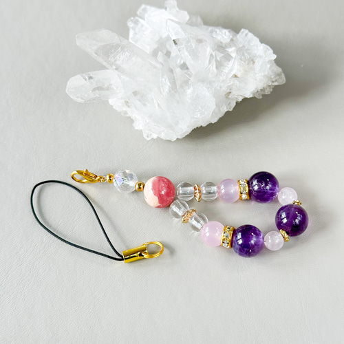 お守りチャーム ストラップ パワー天然石 ストーン 恋紫 ピンク スマホ