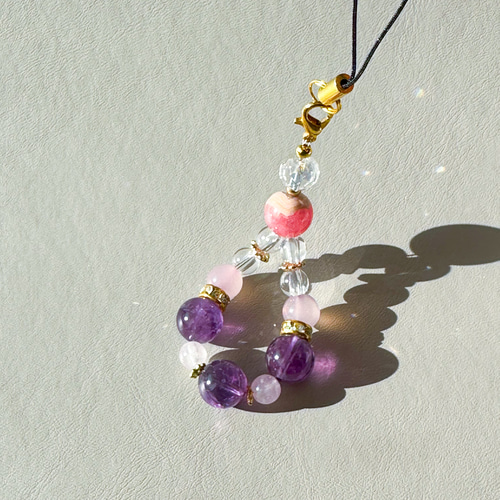 お守りチャーム ストラップ パワー天然石 ストーン 恋紫 ピンク スマホ