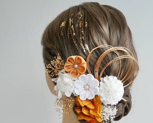 A459 オレンジ つまみ細工 ドライフラワー 髪飾り 成人式 前撮り 卒業