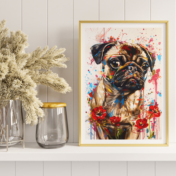 【犬花爛漫 - パグ犬 No.1】モダンアートポスター 犬の絵 犬の絵画 犬のイラスト 8枚目の画像