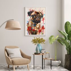 【犬花爛漫 - パグ犬 No.1】モダンアートポスター 犬の絵 犬の絵画 犬のイラスト 7枚目の画像