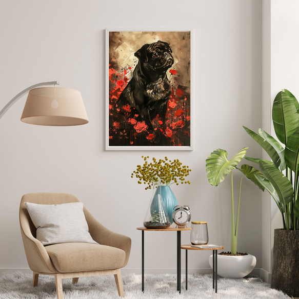 【犬花爛漫 - パグ犬 No.3】モダンアートポスター 犬の絵 犬の絵画 犬のイラスト 7枚目の画像