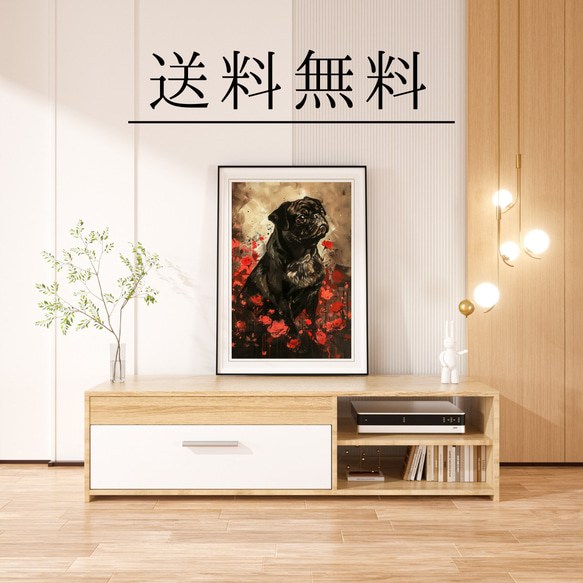 【犬花爛漫 - パグ犬 No.3】モダンアートポスター 犬の絵 犬の絵画 犬のイラスト 4枚目の画像