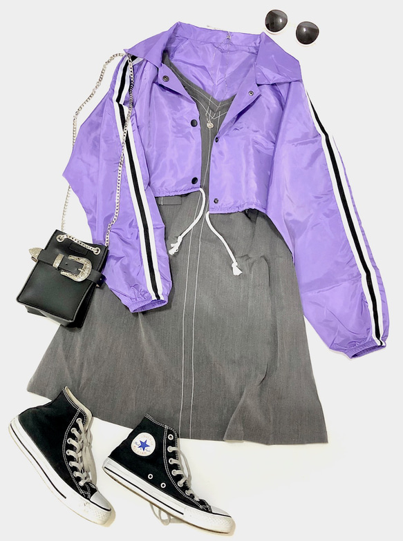 Line Sleeve Nylon Short Jacket (lilac) ジャケット パープル 紫 ストリート 2枚目の画像