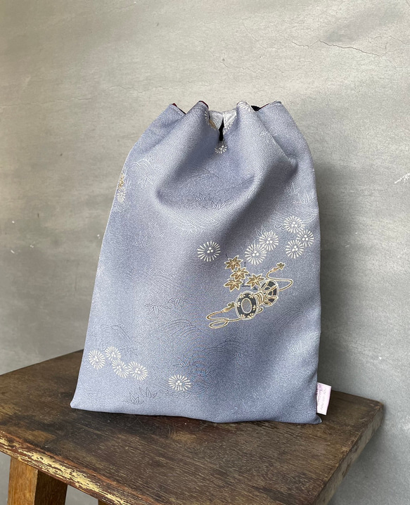 《着物リメイク》信玄袋（紐・ネイビー） 2枚目の画像