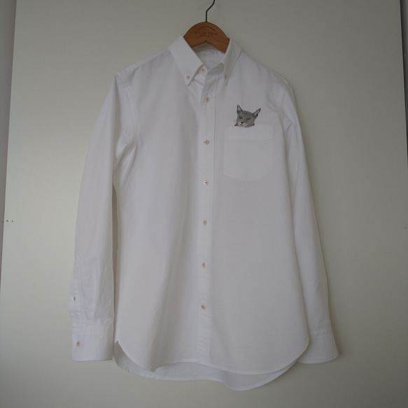 天然素材のメンズシャツ/ネコシャツ（Mサイズ）/コットン100%/ボタンダウン白シャツ 10枚目の画像