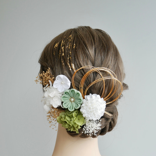 A460 緑 つまみ細工 ドライフラワー 髪飾り 成人式 前撮り 卒業式 結婚