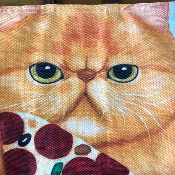 ハンドメイド ぺたんこBigトートバッグ 猫とピザ 2枚目の画像