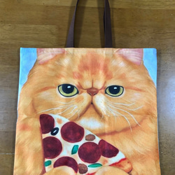 ハンドメイド ぺたんこBigトートバッグ 猫とピザ 1枚目の画像