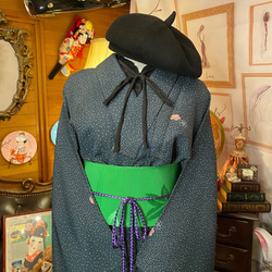 単衣着物 洗える 化繊 ワンピース ドレス ハンドメイド リメイク 帯サッシュベルト KW-273 2枚目の画像