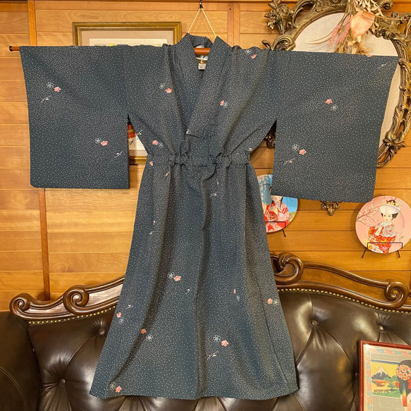 単衣着物 洗える 化繊 ワンピース ドレス ハンドメイド リメイク 帯サッシュベルト KW-273 7枚目の画像