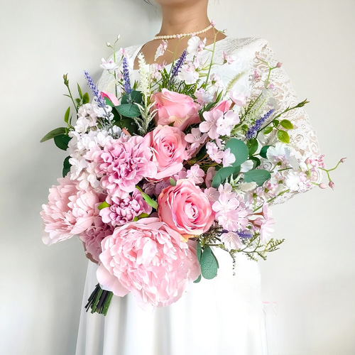 【さやんささま　オーダーブーケ　ヘッドパーツ】　ウェディングブーケ　ピンク 生花に見える】桜 さくら ピンク ウェディングブーケ ピオニー