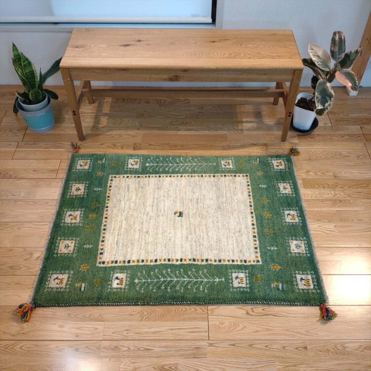【フラワー】ペルシャ　ギャッベ 玄関マット　85×60 緑　生命の木　花 フラワー】ペルシャ ギャッベ 玄関マット 85×60 緑 生命の木 花