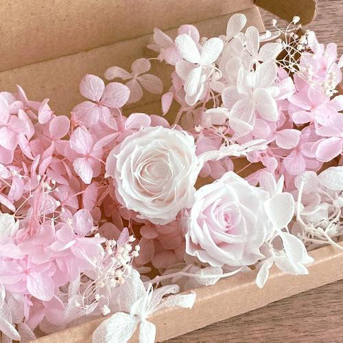 プリザーブドフラワー ライトピンク＆白バラ 2輪 白・ピンク アジサイ