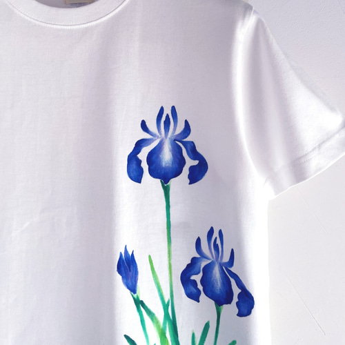 手描きカキツバタ柄Tシャツ ホワイト 燕子花 花柄 春 和風 和柄 T