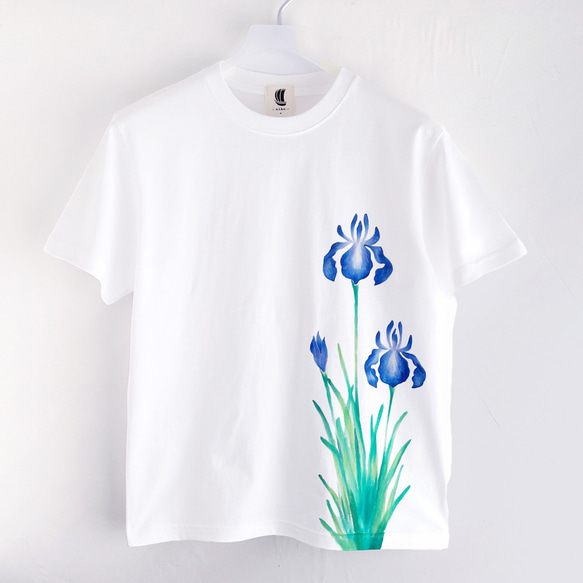 手描きカキツバタ柄Tシャツ ホワイト 燕子花 花柄 春 和風 和柄 T