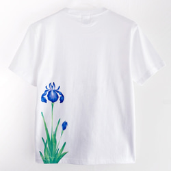 手描きカキツバタ柄Tシャツ ホワイト 燕子花 花柄 春 和風 和柄 3枚目の画像