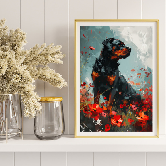 【犬花爛漫 - ロットワイラー犬 No.1】モダンアートポスター 犬の絵 犬の絵画 犬のイラスト 8枚目の画像