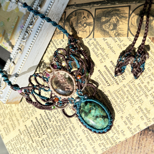 ガーデンクォーツ クリソコラ マクラメネックレス ペンダント 天然石  