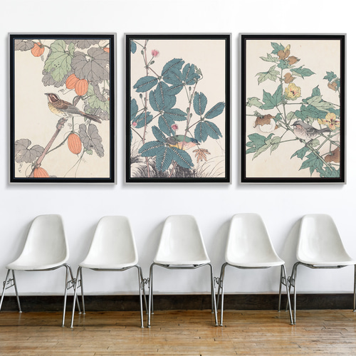 秋に 烏瓜と野鳥の日本画アートポスター☆和柄和室インテリア☆ハガキ