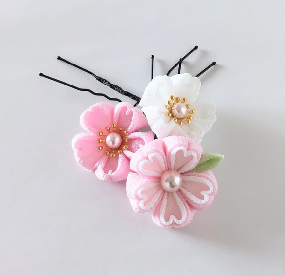 さくら Uピン3本セット＊つまみ細工＊髪飾り/七五三/成人式/入学式/卒業式/和装/着物/袴/ 3枚目の画像