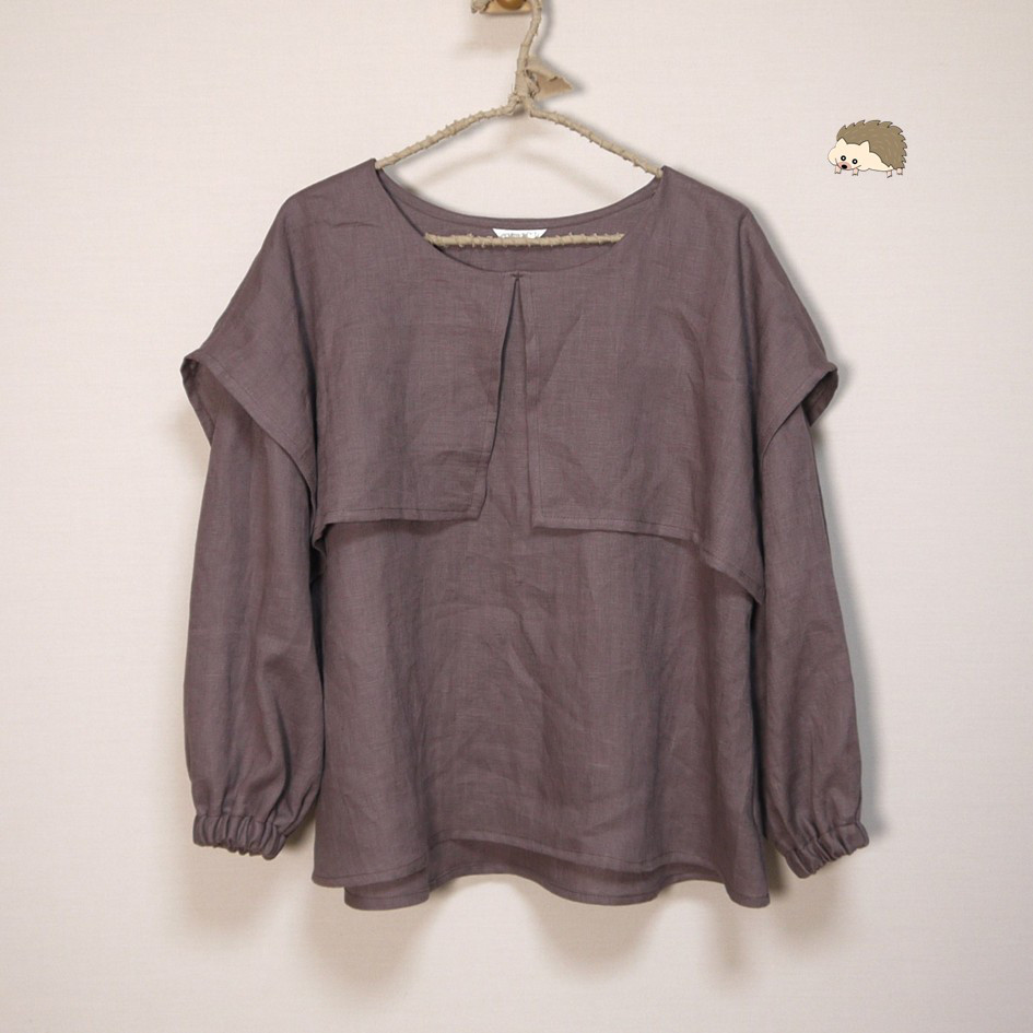 リネン◆オーバーカラーブラウス　長袖◆ブラウン◆フリーサイズ（中厚リネン100％）