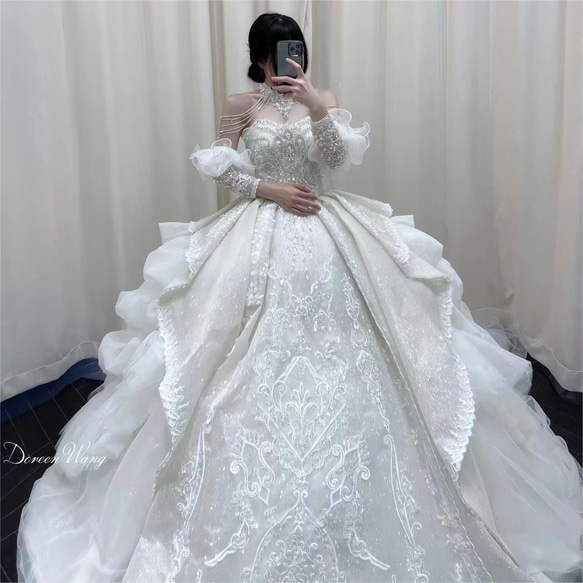 美品！高級フランスレース 2ways 取り外し袖 上質なドレス ストーン  