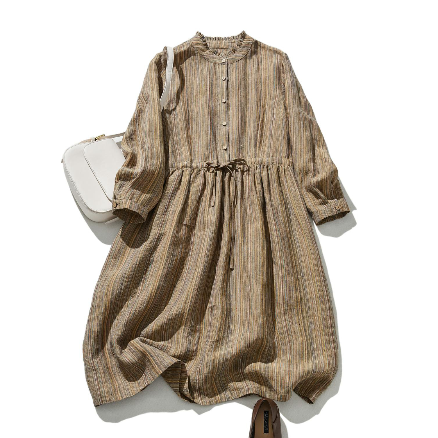 ★即納★ヴィンテージ感溢れるフリル襟ワンピース 先染め織リネン100％生地　　240302-2