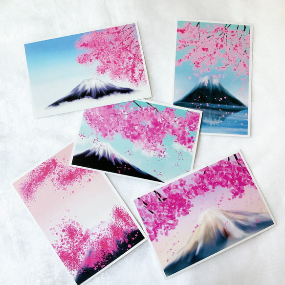 桜と富士山　5枚セット　ポストカード　はがき 　春　ピンク　イラスト　デザイン　絵葉書　ハガキ　山　季節 1枚目の画像