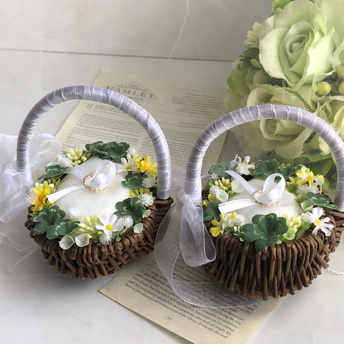 2個セット 2人で運ぶ ウェディング リングピローかご ミニバスケット