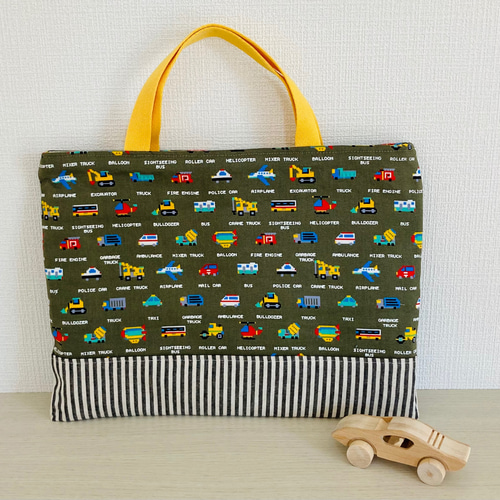 はたらく車xブラウン レッスンバッグ 30x40 マチつけ無料♡ミニガーゼ 