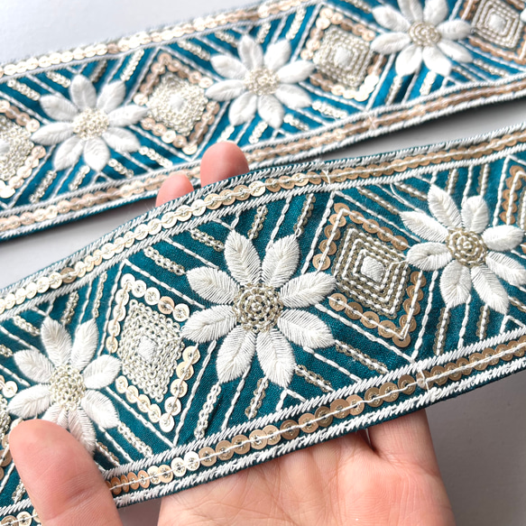 【50cm】インド刺繍リボン　ボトルグリーン　シルク　SS978 1枚目の画像