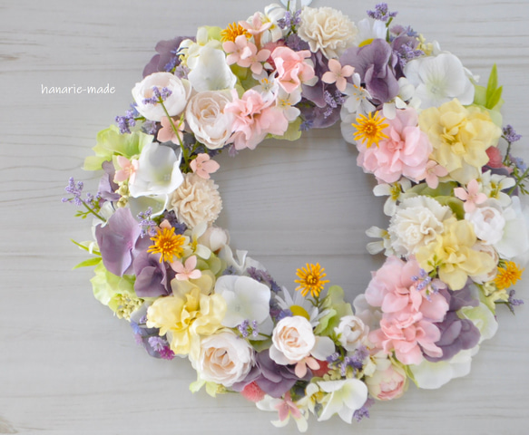 フラワーリース　春　パステルカラー　幸福の鳥　約25cm フラワーリース春パステルカラー幸福の鳥約25cm