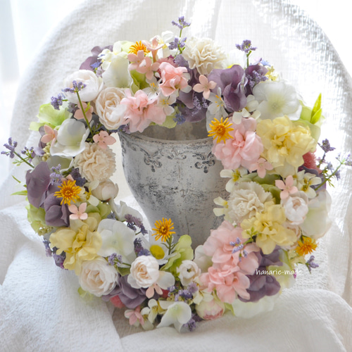 フラワーリース　春　パステルカラー　幸福の鳥　約25cm フラワーリース春パステルカラー幸福の鳥約25cm