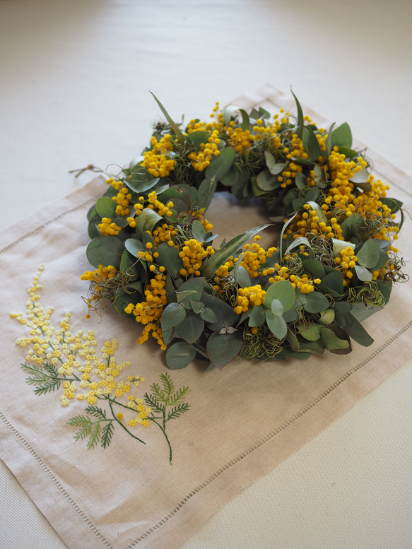 ミモザリース　パールアカシア　ユーカリ ドライフラワー リース ミモザ パールアカシアとユーカリ