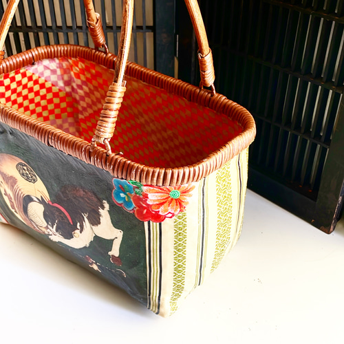 河鍋暁斎 蛙と蛇 浮世絵 一閑張り バッグ かごバッグ ハンドバッグ 和柄 巳年 一貫張り(一閑張り)かごバッグ 大きいサイズ 花 古文書