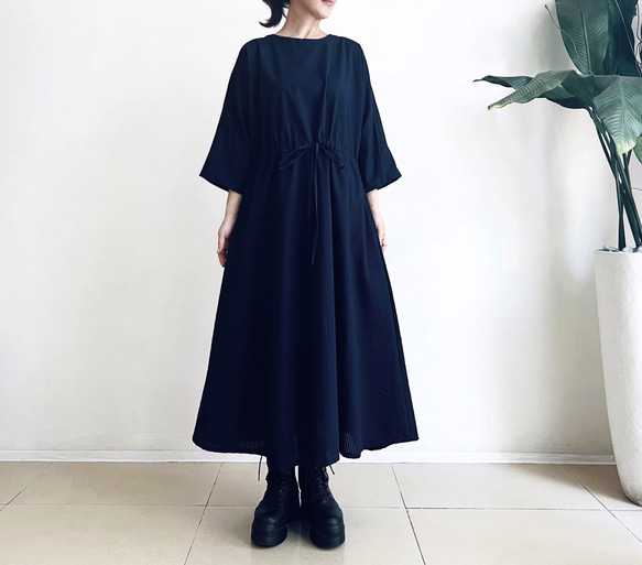 ゆったりドルマン袖ワンピース（8分袖）cotton clinkle navy