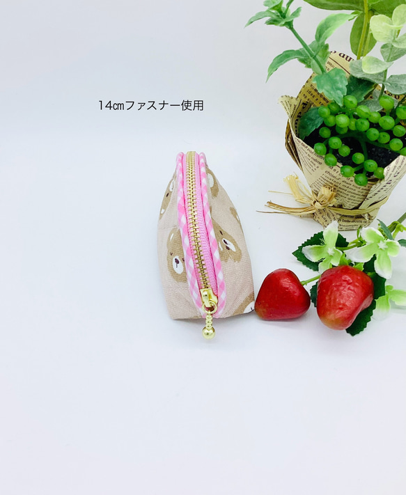 【再販】ミニポーチ☆くまちゃん＆ハート柄　手拭い生地（ピンク）小銭入れ　イヤフォンケース 3枚目の画像