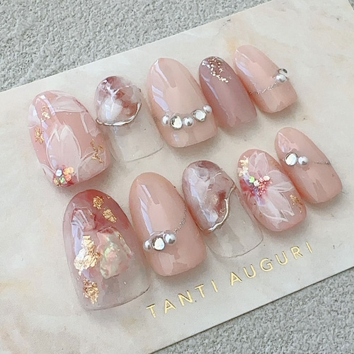 春 桜 ネイルチップ ピンク色 大理石 フレンチ パール ストーン  