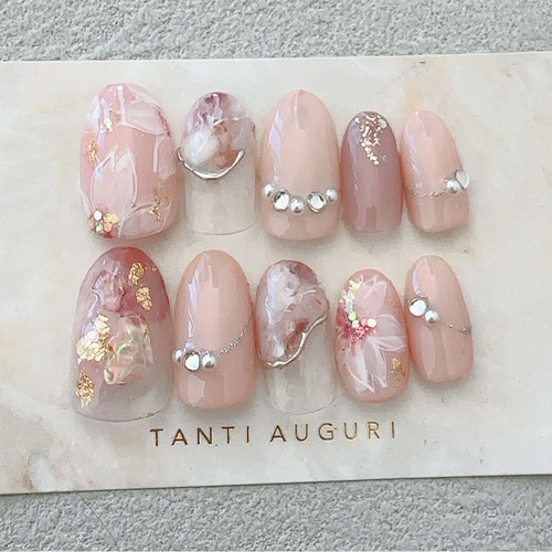春 桜 ネイルチップ ピンク色 大理石 フレンチ パール ストーン
