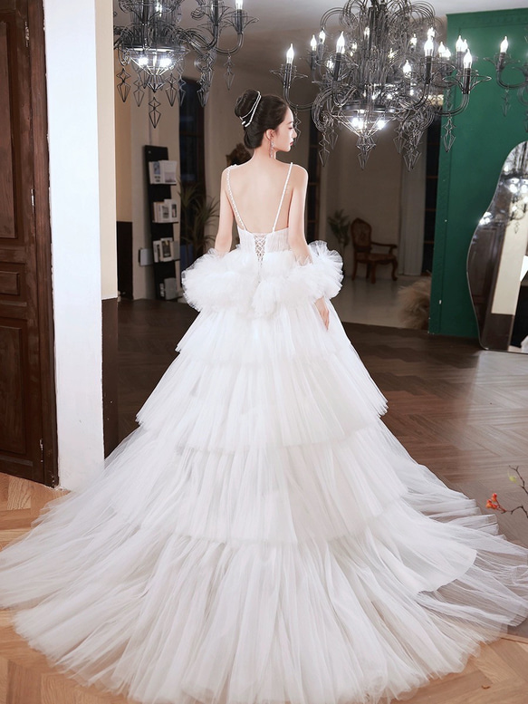 ウェディングドレス　フリル　チュールドレス　スパゲッティストラップ　二次会　前撮り（WD242121） wedding リボンワンピース 可愛い