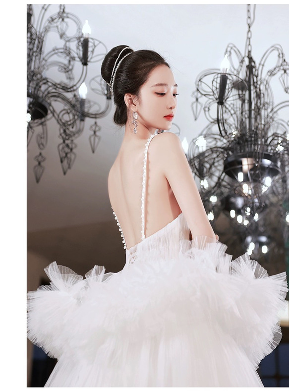 ウェディングドレス　フリル　チュールドレス　スパゲッティストラップ　二次会　前撮り（WD242121） wedding リボンワンピース 可愛い